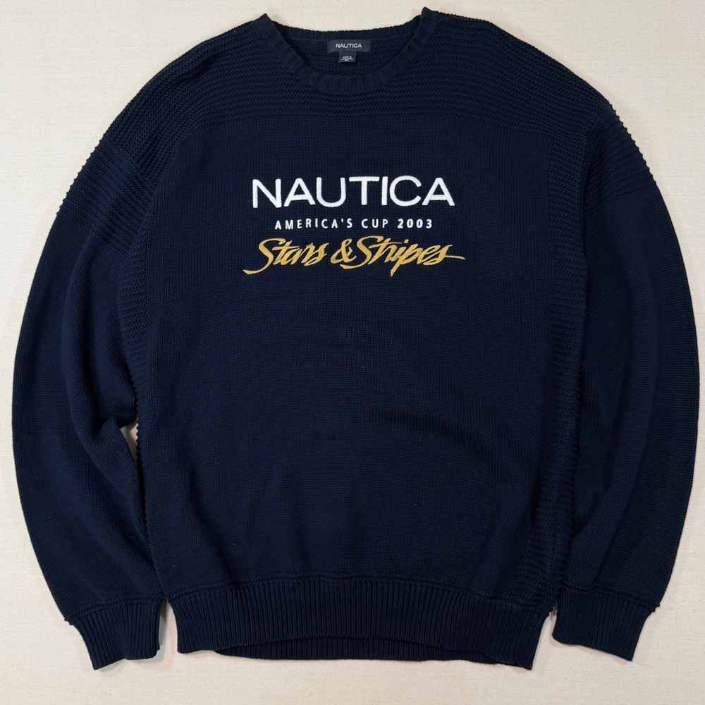 Nautica Americas Cup 2003 Stars & Stripes Sweater Mens XL Navy Cotton Knit y2k